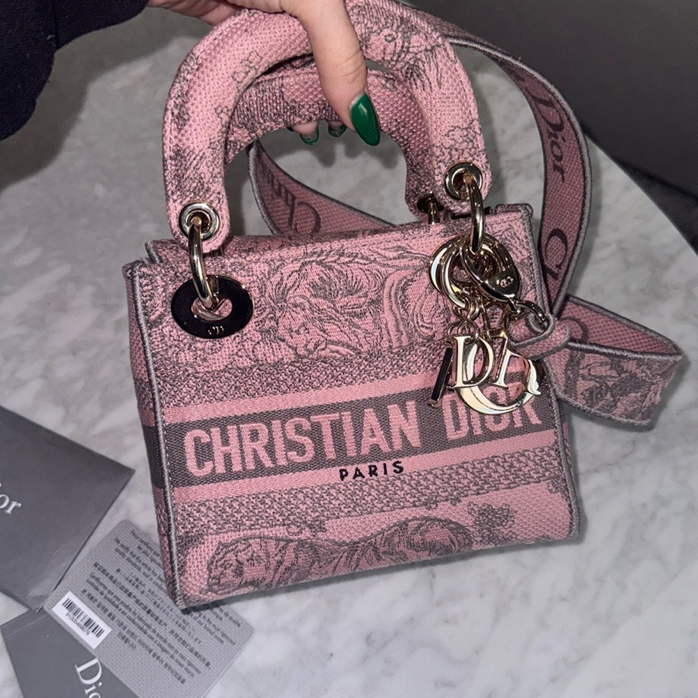 Dior Mini Lady D-Lite Tote Embroidered Pink & Grey LIMITED EDITION 2023